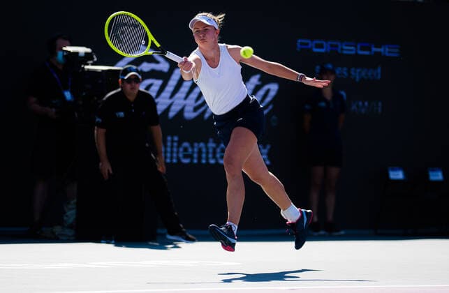 November 14, 2021, GUADALAJARA, MEXICO: Barbora Krejcikova of the Czech Republic in action during the third round robin match at the 2021 Akron WTA, Tennis Damen Finals Guadalajara WTA tennis tournament against Karolina Pliskova of the Czech Republic GUADALAJARA MEXICO - ZUMAa181 20211114_zaa_a181_028 Copyright: xRobxPrangex
