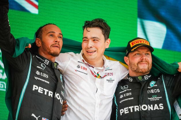 HAMILTON Lewis (gbr), Mercedes AMG F1 GP W12 E Performance, BOTTAS Valtteri (fin), Mercedes AMG F1 GP W12 E Performance, portrait podium during the Formula 1 Heineken Grande Premio De Sao Paulo 2021, Sao Paulo Grand Prix, 19th round of the 2021 FIA Formula One World Championship, WM, Weltmeisterschaft from November 12 to 14, 2021 on the Interlagos Circuit, in Sao Paulo, Brazil - F1 - SAO PAULO GRAND PRIX 2021 - RACE DPPI Panoramic  00121040__V2_0867
