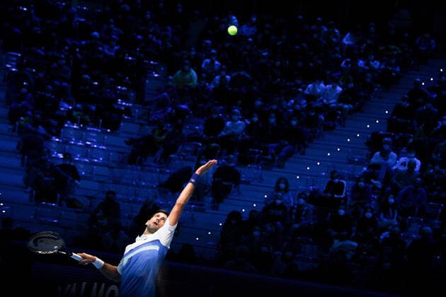 Photo Marco Alpozzi LaPresse November 15, 2021 Turin (Italy) Tennis Nitto ATP, Tennis Herren Finals - men s singles - Round Robin Novak Djokovic Vs Casper Ruud In the pic: Novak Djokovic (Serbia)  Copyright: xMarcoxAlpozzi LaPressex