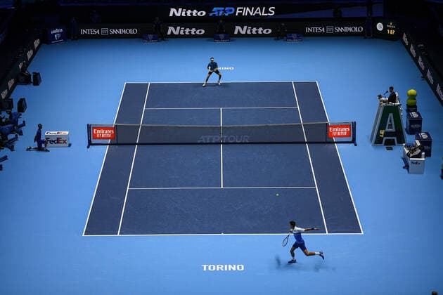 Photo Marco Alpozzi LaPresse November 15, 2021 Turin (Italy) Tennis Nitto ATP, Tennis Herren Finals - men s singles - Round Robin Novak Djokovic Vs Casper Ruud In the pic: during the match  Copyright: xMarcoxAlpozzi LaPressex