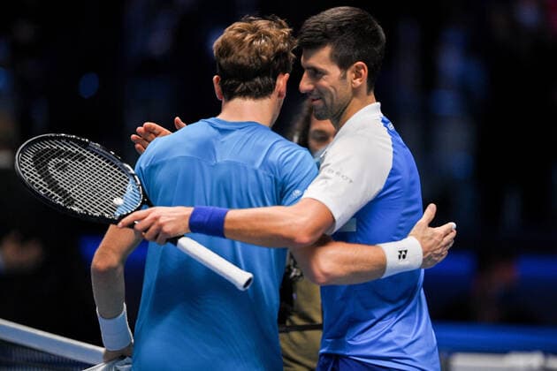 Photo Marco Alpozzi LaPresse November 15, 2021 Turin (Italy) Tennis Nitto ATP, Tennis Herren Finals - men s singles - Round Robin Novak Djokovic Vs Casper Ruud In the pic: Casper Ruud (Norway), Novak Djokovic (Serbia)  Copyright: xMarcoxAlpozzi LaPressex