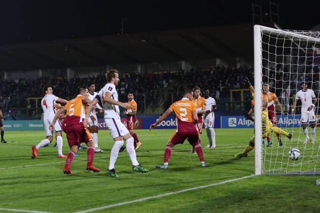 Serravalle, Italy, 15th November 2021. Harry Maguire of England scores to give the side a 1-0 lead during the FIFA World Cup, WM, Weltmeisterschaft, Fussball 2022 - European Qualifying match at San Marino Stadium, Serravalle. Picture credit should read: Jonathan Moscrop Sportimage EDITORIAL USE ONLY. No use with unauthorised audio, video, data, fixture lists, club league logos or live services. Online in-match use limited to 120 images, no video emulation. No use in betting, games or single club league player publications. SPI-1312-0008