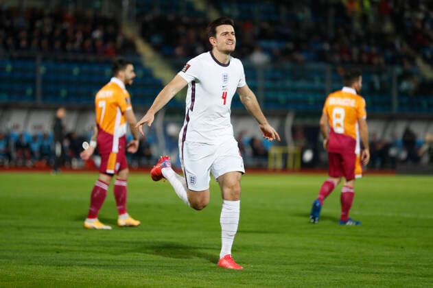 San Marino v England 2022 FIFA World Cup, WM, Weltmeisterschaft, Fussball Qualifiers Harry Maguire of England celebrates scoring his side?s 1st goal during the 2022 FIFA World Cup Qualifiers Group I match at Stadio Olimpico di Serravalle, Serravalle Content Not Available For UK Newspapers Copyright: xPaulxChestertonx FIL-16117-0033