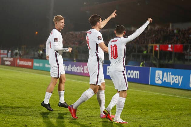 San Marino v England 2022 FIFA World Cup, WM, Weltmeisterschaft, Fussball Qualifiers Harry Maguire of England celebrates scoring his side?s 1st goal during the 2022 FIFA World Cup Qualifiers Group I match at Stadio Olimpico di Serravalle, Serravalle Content Not Available For UK Newspapers Copyright: xPaulxChestertonx FIL-16117-0039