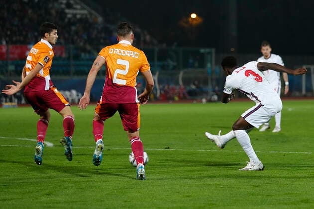 San Marino v England 2022 FIFA World Cup, WM, Weltmeisterschaft, Fussball Qualifiers Bukayo Saka of England scores his sides 2nd goal during the 2022 FIFA World Cup Qualifiers Group I match at Stadio Olimpico di Serravalle, Serravalle Content Not Available For UK Newspapers Copyright: xPaulxChestertonx FIL-16117-0048
