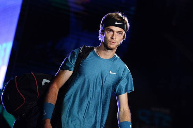 Tennis, ATP Finals in Turin, Stefanos Tsitsipas - Andrey Rublev Photo Marco Alpozzi LaPresse November 15, 2021 Turin (Italy) Tennis Nitto ATP, Tennis Herren Finals - men s singles - Round Robin Stefanos Tsitsipas vs Andrey Rublev In the pic: Andrey Rublev (Russia)  Copyright: xMarcoxAlpozzi LaPressex