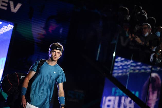 Tennis, ATP Finals in Turin, Stefanos Tsitsipas - Andrey Rublev Photo Marco Alpozzi LaPresse November 15, 2021 Turin (Italy) Tennis Nitto ATP, Tennis Herren Finals - men s singles - Round Robin Stefanos Tsitsipas vs Andrey Rublev In the pic: Andrey Rublev (Russia)  Copyright: xMarcoxAlpozzi LaPressex