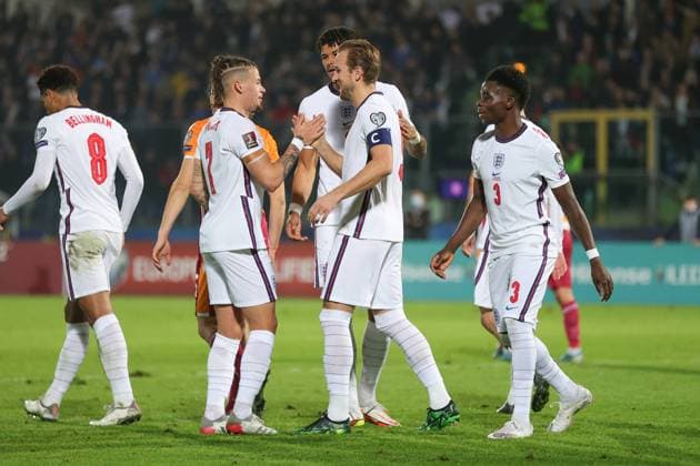 San Marino v England FIFA World Cup, WM, Weltmeisterschaft, Fussball Qualifier 15 11 2021. Goal 0-3 Harry Kane (9) of England scores from the penalty spot and celebrates during the FIFA World Cup Qualifier match between San Marino and England at Stadio Olimpico, Serravalle, San Marino on 15 November 2021. Editorial use only , Copyright: xNigelxKeenex PSI-14035-0036