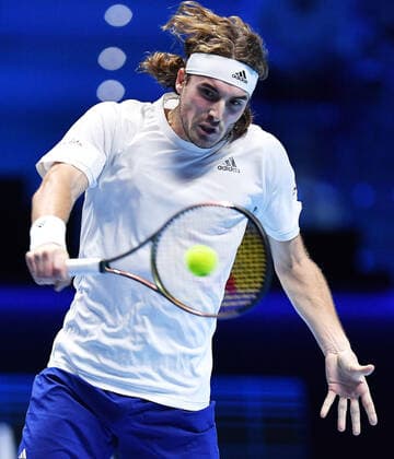 Tennis, ATP Finals in Turin, Stefanos Tsitsipas - Andrey Rublev November 15, 2021, Torino, Italia: Stefanos Tsitsipas Of Greece returns the ball during the match against Andrej RublÃ«v of Russia at the Nitto ATP, Tennis Herren Finals in Turin, Italy, 14 November 2021.ANSA ALESSANDRO DI MARCO Tennis: Nitto ATP Finals in Turin  - ZUMAa110 20211115_zaf_a110_091 Copyright: xAlessandroxDixMarcox