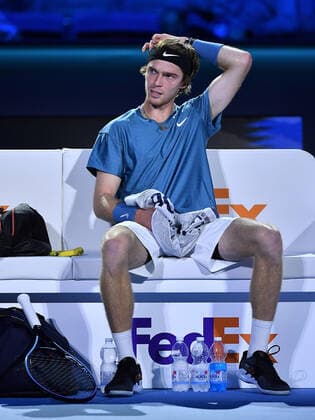 Tennis, ATP Finals in Turin, Stefanos Tsitsipas - Andrey Rublev November 15, 2021, Torino, Italia: Andrej RublÃ«v of Russia reacts during the match against Stefanos Tsitsipas Of Greece at the Nitto ATP, Tennis Herren Finals in Turin, Italy, 14 November 2021.ANSA ALESSANDRO DI MARCO Tennis: Nitto ATP Finals in Turin  - ZUMAa110 20211115_zaf_a110_094 Copyright: xAlessandroxDixMarcox