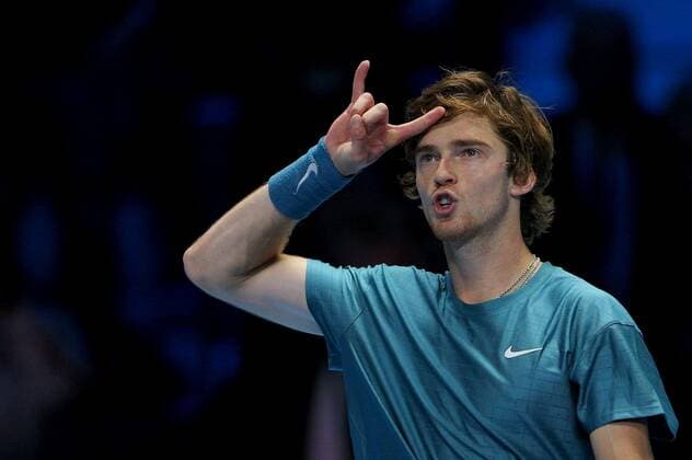 Mandatory Credit: Photo by Ella Ling Shutterstock (12603333cu) Andrey Rublev of Russia celebrates Nitto ATP, Tennis Herren World Tour Finals, Day 2, Tennis, Pala Alpitour, Turin, Italy - 15 Nov 2021 Nitto ATP World Tour Finals, Day 2, Tennis, Pala Alpitour, Turin, Italy - 15 Nov 2021 Copyright: xEllaxLing Shutterstockx 12603333cu