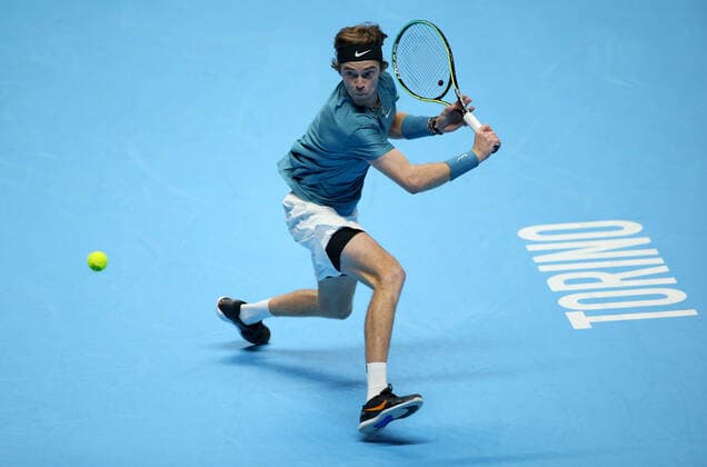 Mandatory Credit: Photo by Ella Ling Shutterstock (12603333dq) Andrey Rublev of Russia in action Nitto ATP, Tennis Herren World Tour Finals, Day 2, Tennis, Pala Alpitour, Turin, Italy - 15 Nov 2021 Nitto ATP World Tour Finals, Day 2, Tennis, Pala Alpitour, Turin, Italy - 15 Nov 2021 Copyright: xEllaxLing Shutterstockx 12603333dq