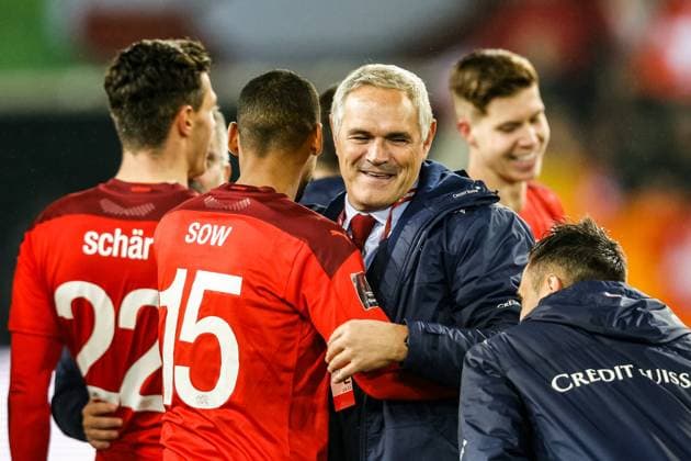 15 11 2021, Lucerne, Swissporarena, World Cup Qualification Switzerland Bulgaria, 15 Djibril Sow Switzerland celebrated by Pier Luigi Tami Sport Director Switzerland Lucerne Swissporarena Lucerne Switzerland  Copyright: xJustPictures.ch VedranxGalijasx