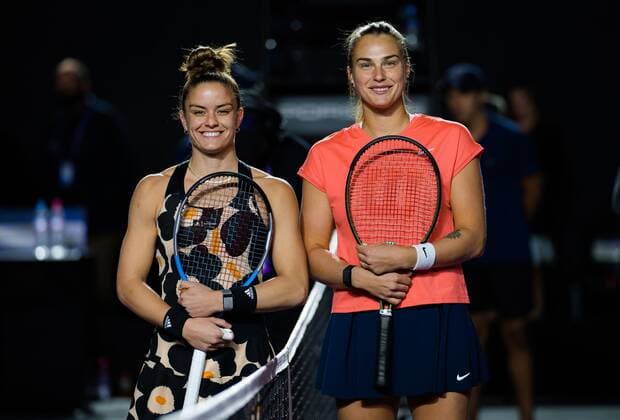 Mandatory Credit: Photo by Rob Prange Shutterstock (12596813bx) Maria Sakkari of Greece & Aryna Sabalenka of Belarus before the third round robin match at the 2021 Akron WTA, Tennis Damen Finals Guadalajara WTA tennis tournament Akron WTA Finals, Day 6, Tennis, Panamerican Tennis Center Guadalajara, Mexico - 15 Nov 2021 Akron WTA Finals, Day 6, Tennis, Panamerican Tennis Center Guadalajara, Mexico - 15 Nov 2021  Copyright: xRobxPrange Shutterstockx 12596813bx