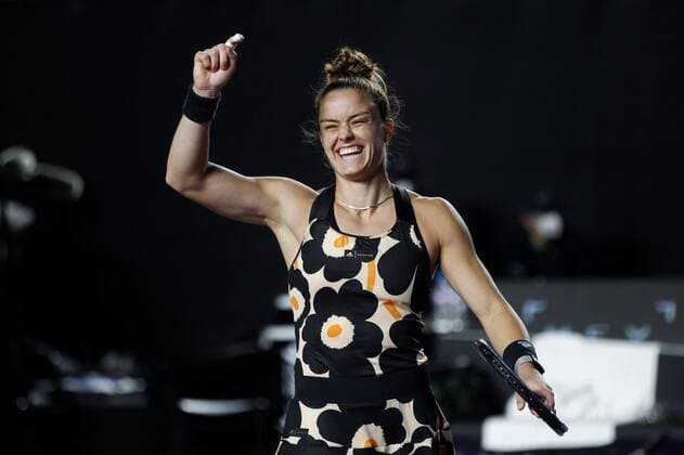Greek tennis player Maria Sakkari celebrates her victory over Belarusian Aryna Sabalenka, during a match at the AKRON WTA, Tennis Damen Finals tournament in Guadalajara, Mexico, 15 November 2021. AKRON WTA Finals of Guadalajara !ACHTUNG: NUR REDAKTIONELLE NUTZUNG!  Copyright: xFranciscoxGuascox AME7710 20211116-9562a08b969863cb0ea0c1a3ac6d975b1a8fa034