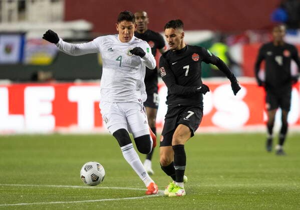 November 16, 2021, EDMONTON, ab, Canada: Canada s Stephen EustoÂ¡quio (7) and Mexico s Edson Omar Alvarez Velazquez (4) via for the ballduring World Cup Qualifiers in Edmonton, Tuesday, Nov. 16, 2021. Stephen Eustaquio Edson Omar Alvarez Velazquez  - ZUMAc35_ 20211116_zaf_c35_153 Copyright: xJasonxFransonx