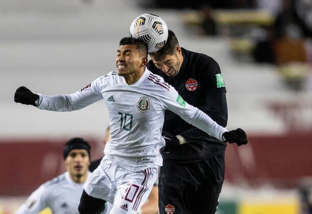 November 16, 2021, EDMONTON, ab, Canada: Canada s Steven VitoÂ³ria (5) and Mexico s Orbelin Pineda Alvarado (10) via for the ball during World Cup Qualifiers in Edmonton, Tuesday, Nov. 16, 2021. Steven Vitoria Orbelin Pineda Alvarado  - ZUMAc35_ 20211116_zaf_c35_173 Copyright: xJasonxFransonx