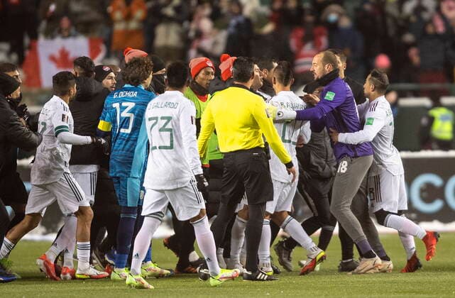 November 16, 2021, EDMONTON, ab, Canada: Canada and Mexico players tussle after the game during World Cup Qualifiers in Edmonton, Tuesday, Nov. 16, 2021. Canada News - November 16, 2021  - ZUMAc35_ 20211116_zaf_c35_195 Copyright: xJasonxFransonx