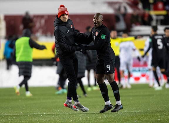 November 16, 2021, EDMONTON, ab, Canada: Canada s Kamal Miller (4) and another player celebrate the win over Mexico during World Cup Qualifiers in Edmonton, Tuesday, Nov. 16, 2021. Kamal Miller  - ZUMAc35_ 20211116_zaf_c35_200 Copyright: xJasonxFransonx