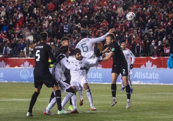November 16, 2021, EDMONTON, ab, Canada: Canada and Mexico players vie for the ball during second half World Cup Qualifiers in Edmonton, Tuesday, Nov. 16, 2021. Canada News - November 16, 2021  - ZUMAc35_ 20211116_zaf_c35_202 Copyright: xJasonxFransonx
