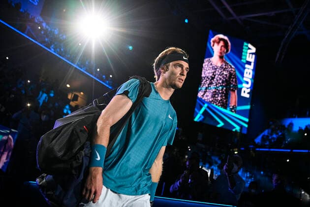 Photo Marco Alpozzi LaPresse November 17, 2021 Turin (Italy) Tennis Nitto ATP, Tennis Herren Finals - men s singles - Round Robin Novak Djokovic Vs Andrey Rublev In the pic:Andrey Rublev (Russia)  Copyright: xMarcoxAlpozzi LaPressex