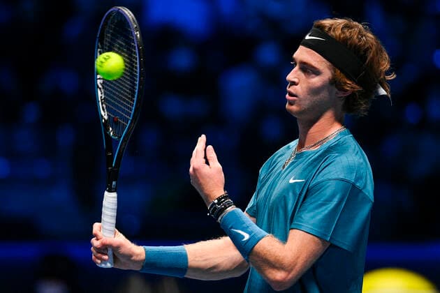 Photo Marco Alpozzi LaPresse November 17, 2021 Turin (Italy) Tennis Nitto ATP, Tennis Herren Finals - men s singles - Round Robin Novak Djokovic Vs Andrey Rublev In the pic:Andrey Rublev (Russia)  Copyright: xMarcoxAlpozzi LaPressex