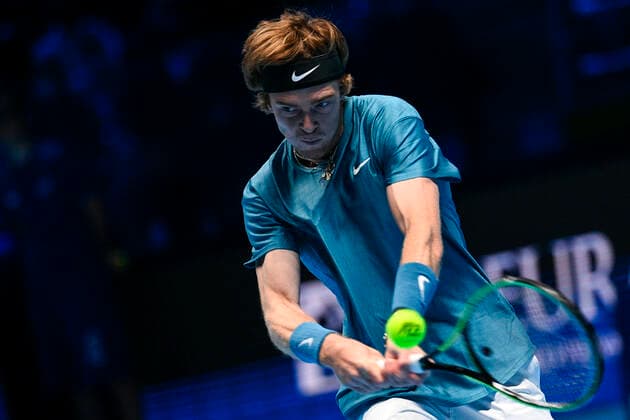 Photo Marco Alpozzi LaPresse November 17, 2021 Turin (Italy) Tennis Nitto ATP, Tennis Herren Finals - men s singles - Round Robin Novak Djokovic Vs Andrey Rublev In the pic:Andrey Rublev (Russia)  Copyright: xMarcoxAlpozzi LaPressex