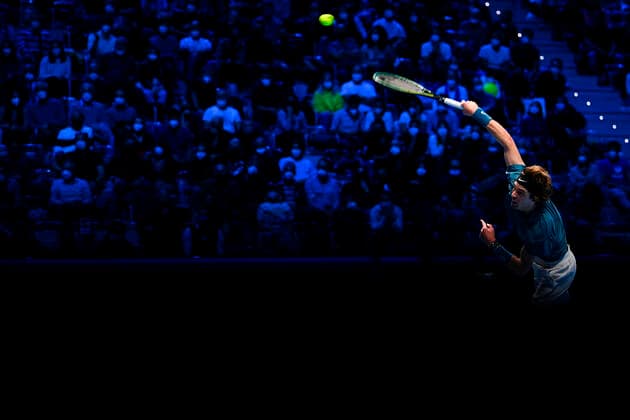 Photo Marco Alpozzi LaPresse November 17, 2021 Turin (Italy) Tennis Nitto ATP, Tennis Herren Finals - men s singles - Round Robin Novak Djokovic Vs Andrey Rublev In the pic:Andrey Rublev (Russia)  Copyright: xMarcoxAlpozzi LaPressex