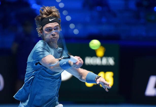 November 17, 2021, Turin, Italy: Russian tennis player Andrej Rublev in action during the match against Serbian Novak Djokovic at the ATP, Tennis Herren Finals, in Turin, Italy, 17 November 2021. ANSA ALESSANDRO DI MARCO ATP Finals in Turin  - ZUMAa110 20211117_zaf_a110_026 Copyright: xAlessandroxDixMarcox