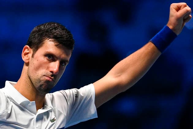 Tennis, ATP Finals in Turin, Novak Djokovic- Andrey Rublev Photo Marco Alpozzi LaPresse November 17, 2021 Turin (Italy) Tennis Nitto ATP, Tennis Herren Finals - men s singles - Round Robin Novak Djokovic Vs Andrey Rublev In the pic:Novak Djokovic (Serbia)celebrates for the victory of the match  Copyright: xMarcoxAlpozzi LaPressex