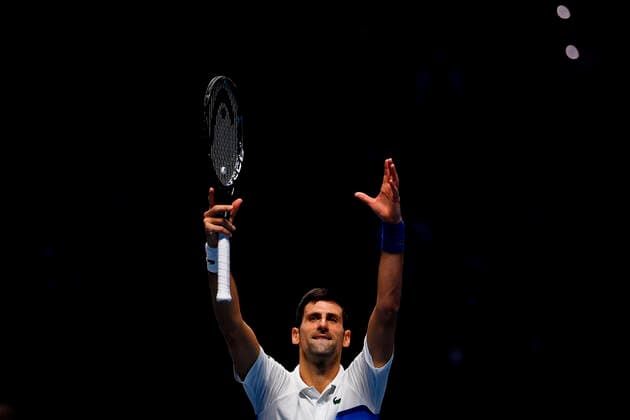 Sport Bilder des Tages Tennis, ATP Finals in Turin, Novak Djokovic- Andrey Rublev Photo Marco Alpozzi LaPresse November 17, 2021 Turin (Italy) Tennis Nitto ATP, Tennis Herren Finals - men s singles - Round Robin Novak Djokovic Vs Andrey Rublev In the pic:Novak Djokovic (Serbia)celebrates for the victory of the match  Copyright: xMarcoxAlpozzi LaPressex