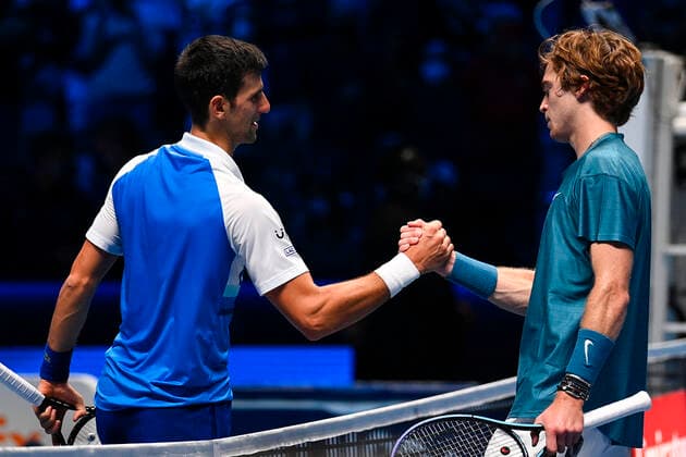 Tennis, ATP Finals in Turin, Novak Djokovic- Andrey Rublev Photo Marco Alpozzi LaPresse November 17, 2021 Turin (Italy) Tennis Nitto ATP, Tennis Herren Finals - men s singles - Round Robin Novak Djokovic Vs Andrey Rublev In the pic:Novak Djokovic (Serbia)Andrey Rublev (Russia)end of the match  Copyright: xMarcoxAlpozzi LaPressex