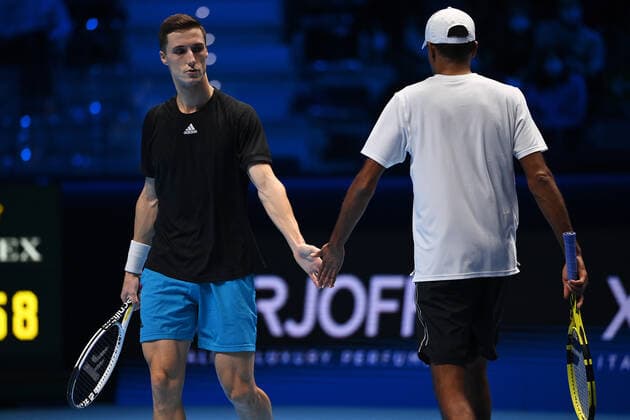 Photo Marco Alpozzi LaPresse November 17, 2021 Turin (Italy) Tennis Nitto ATP, Tennis Herren Finals - men s doubles - Round Robin Ram Salisbury vs Herbert MahutIn the pic: Rajeev Ram, Joe Salisbury  Copyright: xMarcoxAlpozzi LaPressex