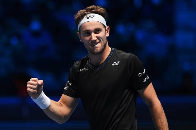 Photo Marco Alpozzi LaPresse November 17, 2021 Turin (Italy) Tennis Nitto ATP, Tennis Herren Finals - men s singles - Round Robin Cameron Norrie Vs Casper Ruud In the pic: Casper Ruud celebrates after winning  Copyright: xMarcoxAlpozzi LaPressex
