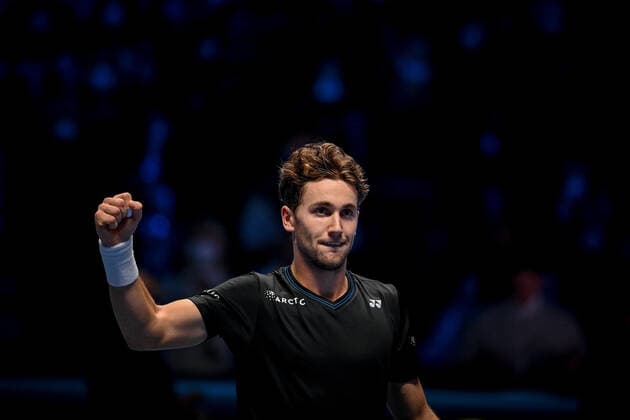 Photo Marco Alpozzi LaPresse November 17, 2021 Turin (Italy) Tennis Nitto ATP, Tennis Herren Finals - men s singles - Round Robin Cameron Norrie Vs Casper RuudIn the pic: Casper Ruud celebrates after winning  Copyright: xMarcoxAlpozzi LaPressex