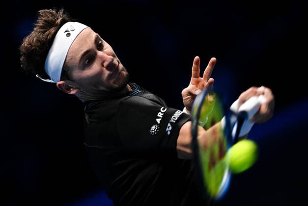 Italy Tennis ATP, Tennis Herren Finals 6698065 17.11.2021 Norway s Casper Ruud returns a shot to Britain s Cameron Norrie during their first round singles tennis match of the ATP Finals at the Pala Alpitour venue in Turin, Italy. Alexey Filippov Sputnik Turin Italy  Copyright: xAlexeyxFilippovx