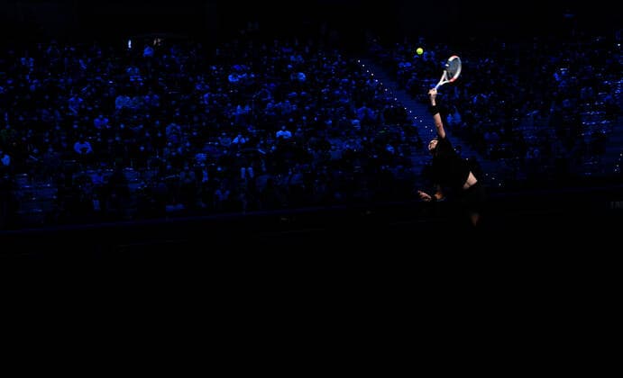 Sport Bilder des Tages Italy Tennis ATP, Tennis Herren Finals 6698131 17.11.2021 Britain s Cameron Norrie returns a shot to Norway s Casper Ruud during their first round singles tennis match of the ATP Finals at the Pala Alpitour venue in Turin, Italy. Alexey Filippov Sputnik Turin Italy  Copyright: xAlexeyxFilippovx