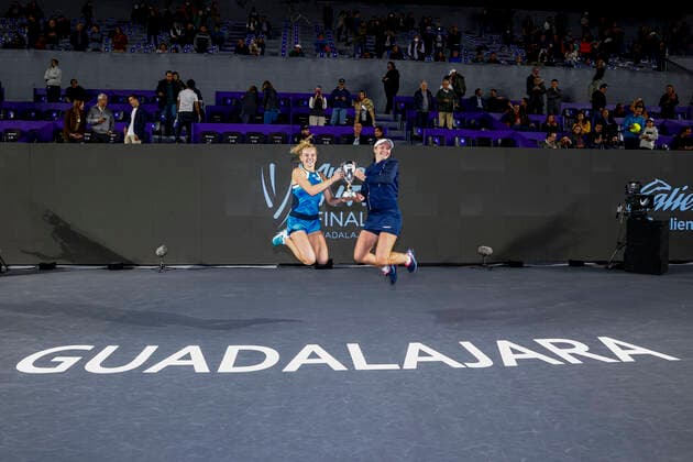 (211118) -- GUADALAJARA, Nov. 18, 2021 -- Katerina Siniakova (L) and Barbora Krejcikova of the Czech Republic pose for photos with the trophy during the awarding ceremony after winning the women s doubles final against Hsieh Su-Wei of Chinese Taipei and Elise Mertens of Belgium at the AKRON WTA, Tennis Damen Finals in Guadalajara, Mexico, on Nov. 17, 2021. (Photo by Jorge Reyes Xinhua) (SP)MEXICO-GUADALAJARA-TENNIS-WTA FINALS-DOUBLES XinxYuewei 