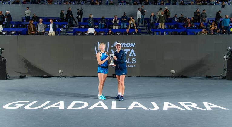 November 17, 2021, GUADALAJARA, MEXICO: Barbora Krejcikova of the Czech Republic & Katerina Siniakova of the Czech Republic with the champions trophy after the doubles final of the 2021 Akron WTA, Tennis Damen Finals Guadalajara WTA tennis tournament GUADALAJARA MEXICO - ZUMAa181 20211117_zaa_a181_059 Copyright: xRobxPrangex