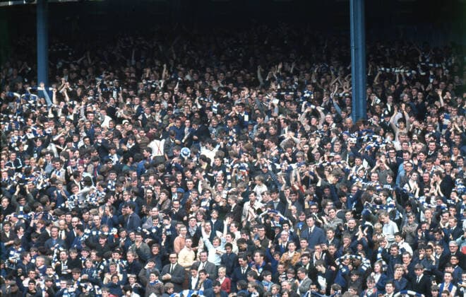 Football Chelsea fans in The Shed End at Stamford Bridge in the 1970s. 