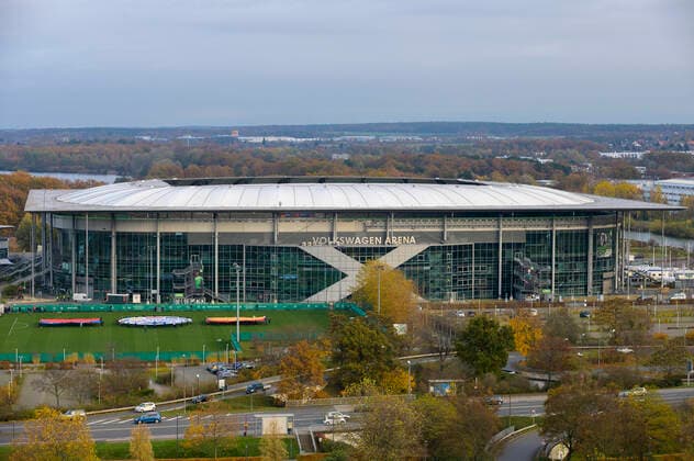 Overview Volkswagen Arena, Exterior view, Football match, World Cup Qualification Group J Matchday 9, Germany GER Liechtenstein LIE 9 0, on 11 11 2021 in Wolfsburg Germany Â