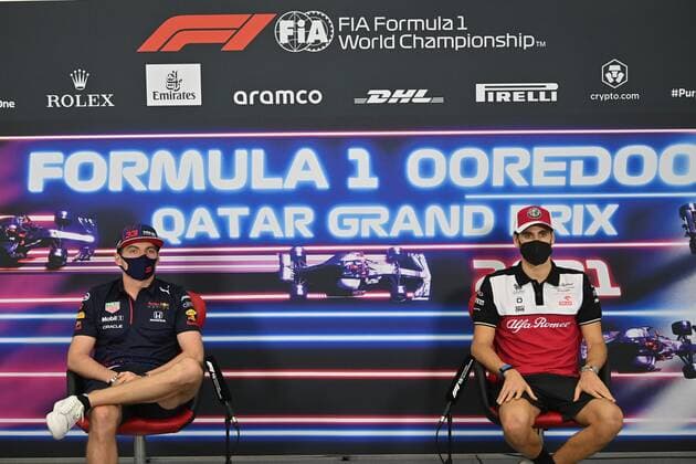 F1 Grand Prix of Qatar 33 Max Verstappen (NED, Red Bull Racing), 99 Antonio Giovinazzi (ITA, Alfa Romeo Racing ORLEN), F1 Grand Prix of Qatar at Losail International Circuit on November 18, 2021 in Doha, Qatar. (Photo by ANDREJ ISAKOVIC AFP FIA Pool via HOCH ZWEI) Doha Qatar Poolfoto HOCH ZWEI Pool AFP ,EDITORIAL USE ONLY