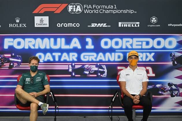 F1 Grand Prix of Qatar 5 Sebastian Vettel (GER, Aston Martin Cognizant F1 Team), 4 Lando Norris (GBR, McLaren F1 Team), F1 Grand Prix of Qatar at Losail International Circuit on November 18, 2021 in Doha, Qatar. (Photo by ANDREJ ISAKOVIC AFP FIA Pool via HOCH ZWEI) Doha Qatar Poolfoto HOCH ZWEI Pool AFP ,EDITORIAL USE ONLY