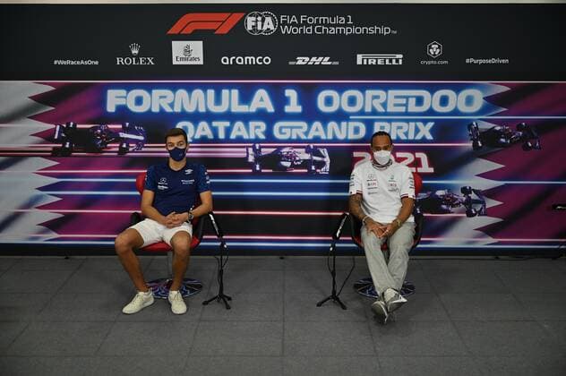 F1 Grand Prix of Qatar 63 George Russell (GBR, Williams Racing), 44 Lewis Hamilton (GBR, Mercedes-AMG Petronas F1 Team), F1 Grand Prix of Qatar at Losail International Circuit on November 18, 2021 in Doha, Qatar. (Photo by ANDREJ ISAKOVIC AFP FIA Pool via HOCH ZWEI) Doha Qatar Poolfoto HOCH ZWEI Pool AFP ,EDITORIAL USE ONLY