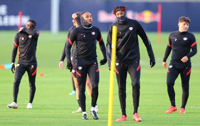 RB Leipzig Training 17 11 2021 Leipzig, 17 11 2021, RBL Training Centre, Football, 1 Bundesliga , RasenBallsport RB Leipzig Training , Pictured v l Christopher Nkunku and Mohamed Simakan ,