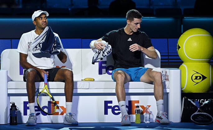 November 19, 2021, Turin, Italy: Rajeev Ram of USA and Joe Salisbury of England reacts during the match against Juan Sebastian Cabal of Colombia and Robert Farah Maksoud of Colombia at the Nitto ATP, Tennis Herren Finals in Turin, Italy, 19 November 2021.ANSA ALESSANDRO DI MARCO Tennis: Nitto ATP Finals in Turin  - ZUMAa110 20211119_zaf_a110_003 Copyright: xAlessandroxDixMarcox