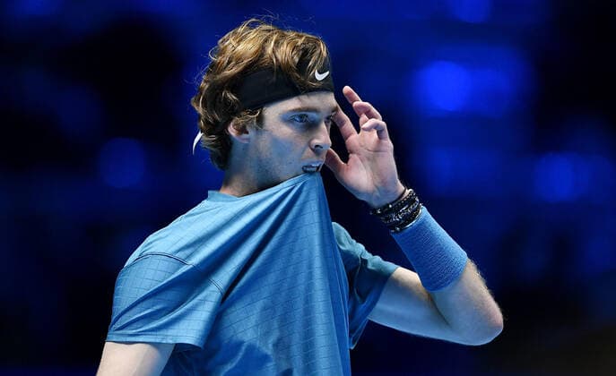November 19, 2021, Turin, Italy: Andrey Rublev of Russia reacts during the match against Casper Ruud of Norway at the Nitto ATP, Tennis Herren Finals in Turin, Italy, 19 November 2021.ANSA ALESSANDRO DI MARCO Tennis: Nitto ATP Finals in Turin  - ZUMAa110 20211119_zaf_a110_041 Copyright: xAlessandroxDixMarcox
