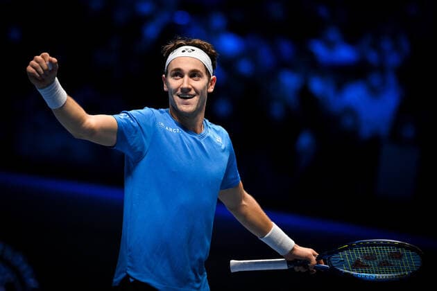 Photo Marco Alpozzi LaPresse November 19, 2021 Turin (Italy) Tennis Nitto ATP, Tennis Herren Finals - men s singles - Round Robin Andrey Rublev Vs Casper Ruud In the pic: Casper Ruud (Norway) celebrating victory  Copyright: xMarcoxAlpozzi LaPressex