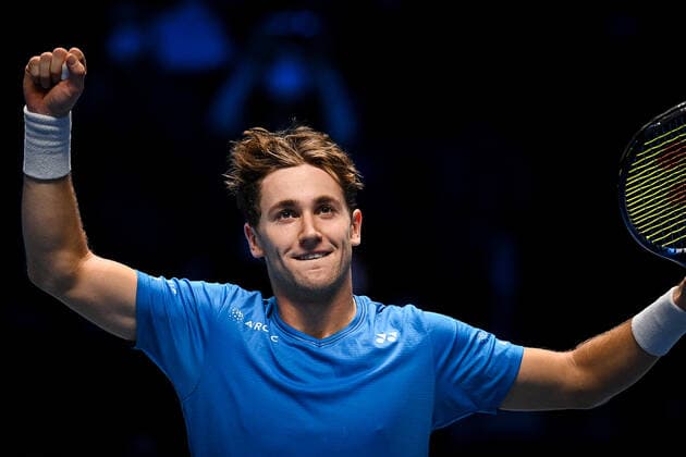 Photo Marco Alpozzi LaPresse November 19, 2021 Turin (Italy) Tennis Nitto ATP, Tennis Herren Finals - men s singles - Round Robin Andrey Rublev Vs Casper Ruud In the pic: Casper Ruud (Norway) celebrating victory  Copyright: xMarcoxAlpozzi LaPressex