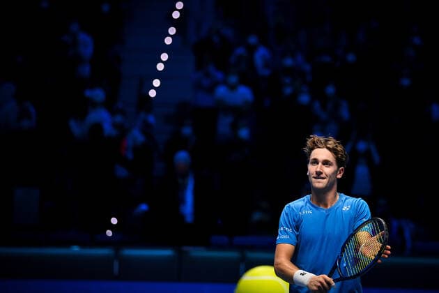 Photo Marco Alpozzi LaPresse November 19, 2021 Turin (Italy) Tennis Nitto ATP, Tennis Herren Finals - men s singles - Round Robin Andrey Rublev Vs Casper Ruud In the pic: Casper Ruud (Norway) celebrating victory  Copyright: xMarcoxAlpozzi LaPressex